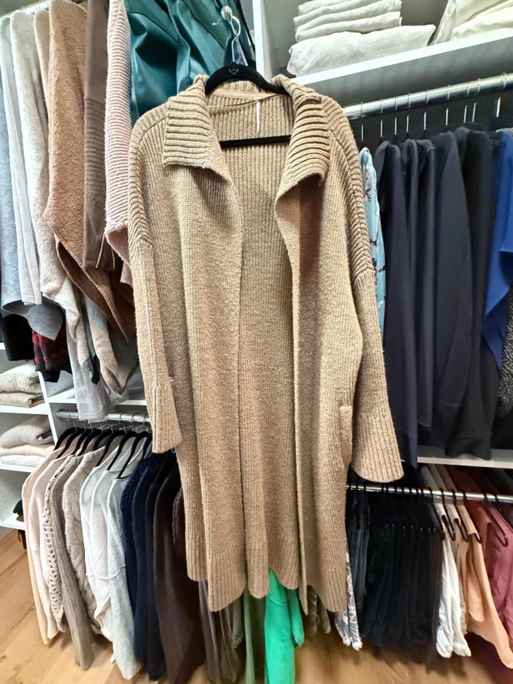 Free People Brown Taupe Long Open Front Cardigan Sweater with Pockets